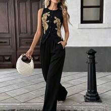 Women's Fashionable Solid Color Textured 2-Piece Set, Including Sleeveless Crew Neck Button Fitted Tank Top And High Waist Loose Straight Leg Pants, Elegant Commuter Style - Negro - Ver 1