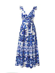 Amore Women's Summer Blue And White Tropical Flower Pineapple Printed Strap Top Long Dress With V-Neck And Ruffle Edge, Cinched Waist For Slimming, Suitable For Beach, Island, Beach, Travel Check-In, Vacation, Light Party, Tropical Style Dressing, Summer Dress,Festival Dresses,Elegant Dresses For Party,Wedding Guest Dress For Women,Beach Dress,Casual Dresses For Women,Vacation Outfits Women - Blue and White - View 8