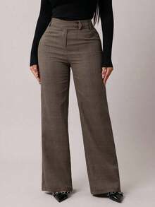 Pantalones rectos de tiro alto de color marrón de estilo minimalista y elegante para mujer, pantalones de traje marrones, pantalones de tiro alto, pantalones casuales sueltos, pantalones de pierna ancha, ropa de mujer de negocios casual, ropa de e - Marrón Mocha - Ver 8