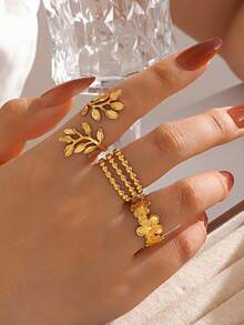 Juego de anillos abiertos de acero inoxidable dorado de alta gama, con diseño en forma de hoja y flor, estilo elegante y exclusivo, adecuado para uso diario, festivales, fiestas, anillos versátiles y apilables - Dorado - Ver 6