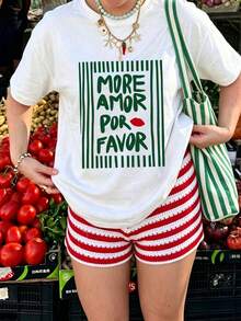 1 pieza Camiseta de mujer de manga corta y cuello redondo, suelta para el verano, con estampado de rayas verticales "talla grande AMOR POR FAVOR", adecuada para vacaciones, oficina, salidas, - Blanco - Ver 3