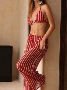 Swim Chiccia Conjunto de bikini a rayas sexy para mujer con pantalones, nueva llegada de trajes de baño para mujer 2026, adecuado para la escuela, vacaciones, citas, té de la tarde, estilo occidental, cruceros, playa, isla, viajes por carretera, todas las estaciones, festivales de música, vacaciones bohemias, vacaciones bohemias, otoño relajado, estilo occidental bohemio, blusas elegantes para mujer - Rojo - Ver 8