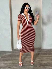 Vestido polo de manga corta a rayas blanco y negro de estilo minimalista y casual para ir al trabajo, vestido de punto de media longitud con ajuste ceñido y gran elasticidad, vestido elegante francés - Marrón - Ver 5