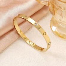 3pcs/1pc Stainless Steel Elegant Rhinestone Four-Leaf Clover Stud Bracelet Set, Stackable Women's Bangle - Gold - View 11