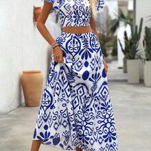 Holidaya Women's Holiday Allover Print Square Neck Blouse And Ruffle Hem Skirt Set - Albaricoque - Ver 7