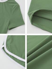 NcmRyu Women's Contrast Color Crew Neck Tight Short Sleeve Top And Drawstring Shorts Sports Set - 綠色 - 查看 4