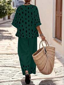 Conjunto de 2 piezas de blusa con escote en V estampado de lunares y pantalones rectos y sueltos de pierna ancha, conjunto de vestir casual para vacaciones para mujeres - Multicolor 6 - Ver 2