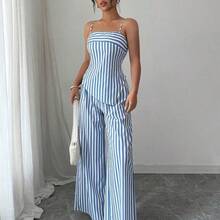 Women's Striped Asymmetric Hem Camisole Top And Wide Leg Pants Casual 2 Pieces Set - azul real - Ver 5