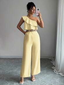 Mono de mujer con diseño casual apropiado para vacaciones de primavera/verano, adecuado para la oficina, el transporte, la playa y la hora del té de la tarde, con tirantes de espagueti, cintura con doble volante y silueta recta y suelta - Amarillo - Ver 5