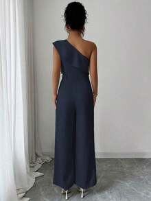 Mono de mujer con diseño casual apropiado para vacaciones de primavera/verano, adecuado para la oficina, el transporte, la playa y la hora del té de la tarde, con tirantes de espagueti, cintura con doble volante y silueta recta y suelta - Azul marino - Ver 2