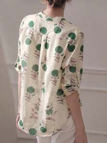Blusa de mujer de manga 3/4 con cuello alto, estampado floral acuarela azul grisáceo| Blusa de ajuste ceñido, transpirable, de manga acampanada, para oficina/vacaciones, primavera/verano - hojas verdes - Ver 7