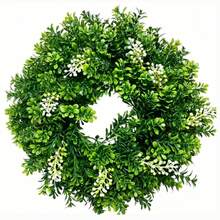 1pc All-Season Artificial Boxwood Wreath, Greenery Wreath With White Berry Accents, Farmhouse Front Door Hanging Wreath For Home Porch Wall Decor - 綠色 - 查看 7