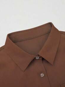Camisa casual de manga larga de un solo pecho y holgada de unicolor para mujer, otoño - Marrón - Ver 3