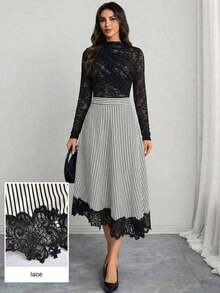 Falda elegante de mujer con volantes y bajo asimétrico, de rayas en blanco y negro, falda a línea de mujer casual a rayas, falda midi a rayas con adorno de encaje - Blanco y Negro - Ver 5