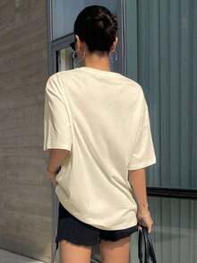 1 pieza Camiseta Oversized con Estampado de Letras y Hombros Caídos 180g 100% Algodón - Blanco - Ver 11