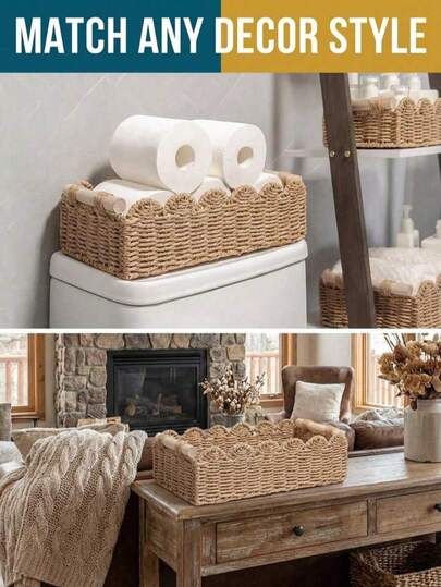 Giỏ đan đựng đồ, thiết kế viền lượn sóng, giỏ để bàn kiểu Bohemian, thích hợp để trên kệ bồn cầu, phòng tắm, phòng khách, phòng ngủ, bàn trang điểm, trang trí nhà cửa, phụ kiện phòng tắm, lưu trữ và sắp xếp đồ dùng trên bàn làm việc, giỏ quà tặng, trang trí ngày lễ và giỏ quà, lý tưởng cho trang trí nội thất, đám cưới, trang trí nhà cửa, trang trí phòng tắm nhẹ nhàng, phụ kiện phòng tắm.