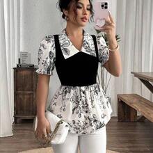 Women's Spring/Summer Exquisite Elegant Colorblock Patchwork Square Neck Ruched Waist Printed Short Sleeve Top, Suitable For Casual Daily Life, Travel, Beach, Music Festivals, Commuting - Multicolor - Ver 5