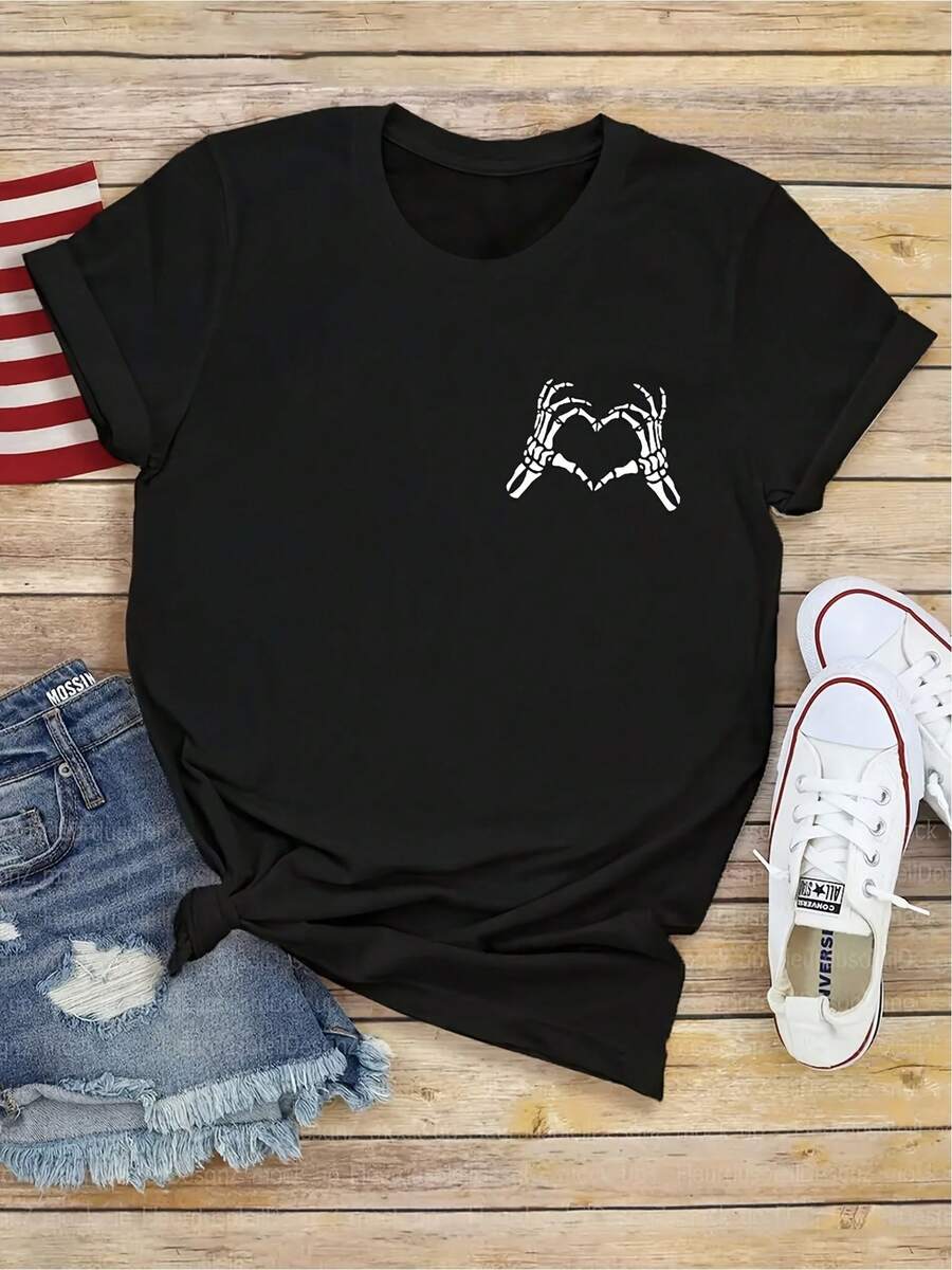 Buy It Now! Skull Hands Heart T-Shirt, Artistic Design, Modern Casual Style, Suitable For All Occasions, Suitable For Women And Men, Size M, Black Urban Fashion T-Shirt - 黑色 - 查看 1
