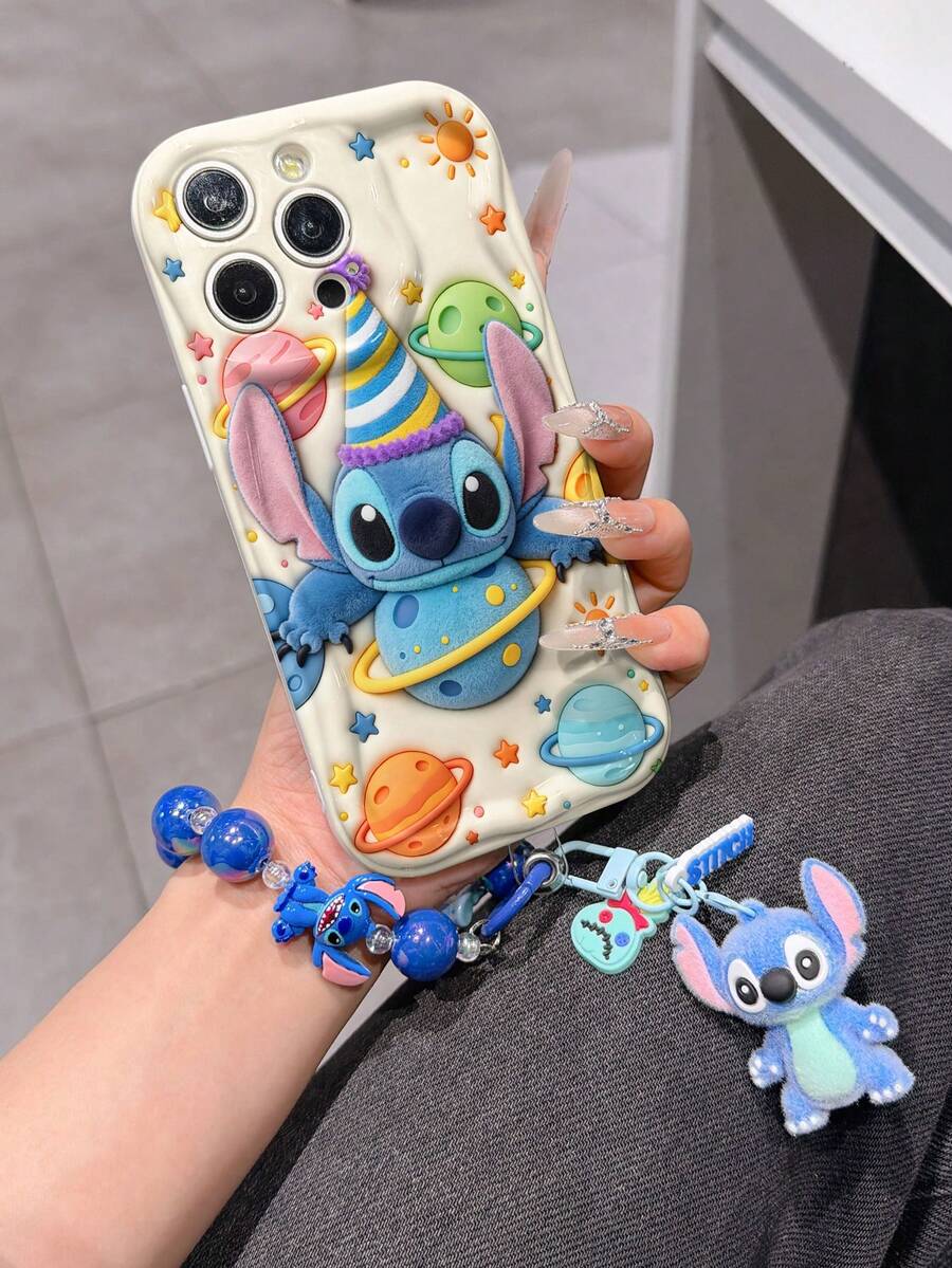 Disney Has Authorized, Phone Case - Chain Set, The Stitch Lilo & Stitch 3D Phone Case Plus A Silicone 3D Stitch Bracelet With Metallic Ring Removable Bracelet, Stitch And Angel Pattern, Compatible With Iphone17/16/15/14/13/12/11/XS/XR/X Plus Pro Max, A Stylish Cartoon Phone Case, The Perfect Gift Choice, Phone Protection, Durable Phone Cover, Great Gift For Friends And Family. - 白色 - 查看 1