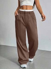 Pantalones anchos de mujer con pliegues y rayas, con cintura de bloques de color para otoño/invierno - Marrón - Ver 6