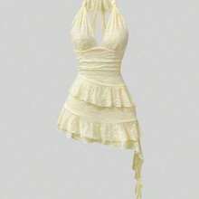 Sweetro Romantic Knitted Lace Twist Tie Layered Ruffle Hem Cropped Dress For Women, Sweet Style, Spring/Summer - Amarillo - Ver 1