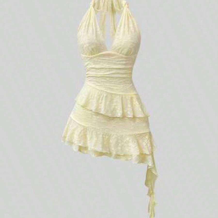 Sweetro Romantic Knitted Lace Twist Tie Layered Ruffle Hem Cropped Dress For Women, Sweet Style, Spring/Summer - Amarillo - Ver 1