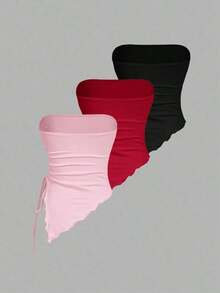 Top bustier de múltiples piezas con cintura anudada a los lados y fruncido, top tubo sólido retro, top de otoño, top para salir, primavera/verano, top de fiesta, playa, casual, vacaciones, disfraz de carnaval - Multicolor 9 - Ver 2