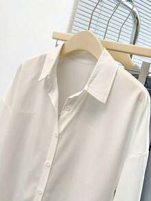 Camisa casual de mujer de unicolor de manga larga y abotonadura sencilla - Blanco - Ver 3