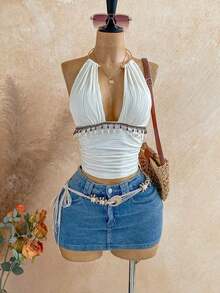 Top sin espalda con cuello halter y textura vintage para mujer, verano - Blanco - Ver 6