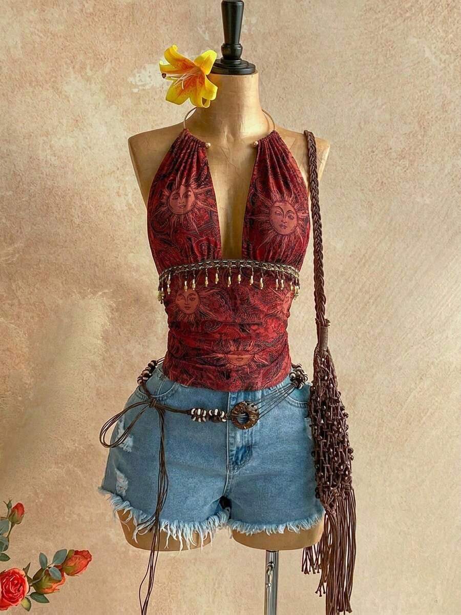 Top sin espalda con cuello halter y textura vintage para mujer, verano - Rojo - Ver 1