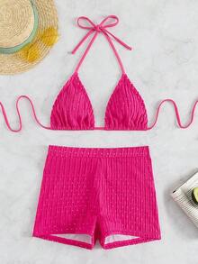 2 piezas Conjunto de bikini de unicolor con textura, tipo halter, adecuado para vacaciones de verano en la playa - Rosa Fucsia - Ver 7
