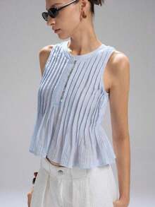 Primavera/Verano Nueva Blusa de Lino sin Mangas con Cintura Plisada para Mujer, Minimalista Casual, Estilo Vacacional, Marrón - Azul - Ver 3