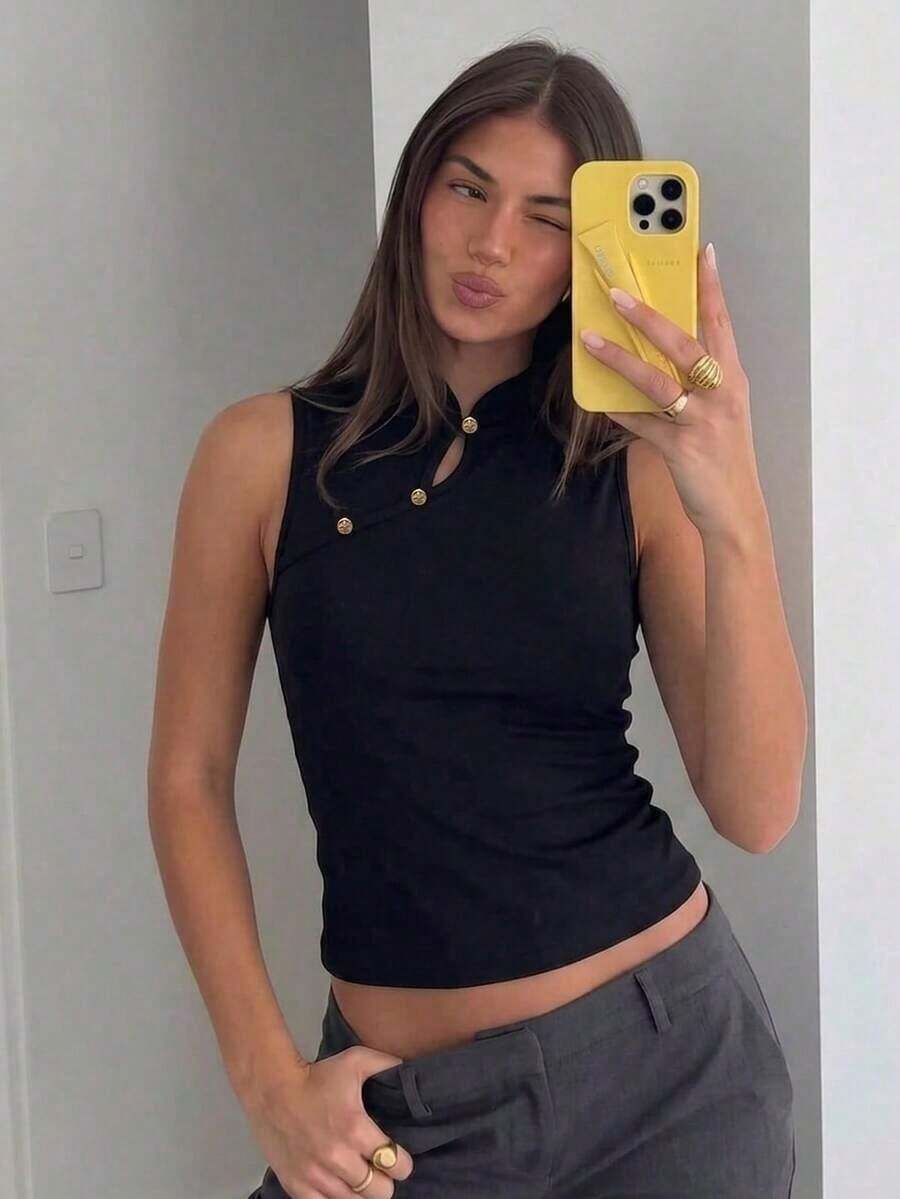 de estilo chino retro con cuello de cheongsam para mujer, top negro casual, top de pullover adecuado para vacaciones, fiestas, elegante para mujer, uso diario casual.Top negro sin mangas de cuello alto, top negro de verano - Negro 2 - Ver 1