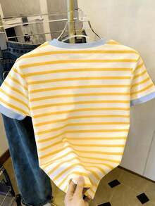 Camiseta de mujer de manga corta con cuello redondo, estampado de rayas de colores, informal, para verano - Multicolor 10 - Ver 2