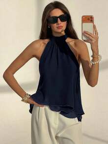 Camiseta sin mangas de gasa con cuello halter, fruncida y con línea A, de estilo bohemio minimalista y sexy, color morado berenjena, para primavera/verano - Azul marino - Ver 3
