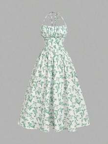 Vestido de verano con estampado floral elegante y lazo en la cintura para mujer - Verde - Ver 5