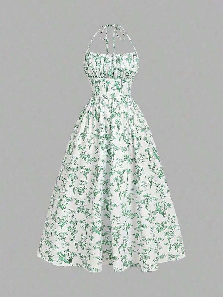 Vestido de verano con estampado floral elegante y lazo en la cintura para mujer - Verde - Añade 5