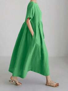 Vestido de lino suelto, casual, elegante y cómodo para mujer.Vestido largo suelto de manga corta, con bolsillo, cuello redondo y unicolor.Ajuste relajado para el verano - Turquesa - Ver 4