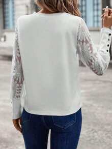 Blusa de mujer con mangas de encaje floral, parches y tejido de gofre, color blanco - Blanco - Ver 6