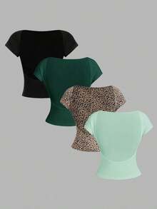 4 piezas Camisetas de mujer de cuello redondo, ajustadas, con espalda descubierta y diseño minimalista de patrones, adecuadas para el verano - Multicolor 8 - Ver 12