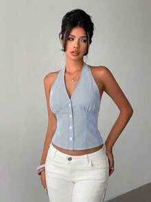 delgado de mujer de algodón con rayas, cuello alto y abotonadura sencilla, para otoño/invierno - Azul y blanco - Ver 7