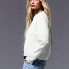 Button Up Crew Neck Cardigan For Spring Y2K 90's Casual Cute Oversized Tee Airport Outfits Fall Back To School Autumn Winter Everyday Christmas Work Office - Blanco - Ver 3
