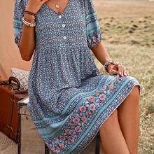 Women Short Puff Sleeve Dress With Floral Print, Button Decoration And Vacation Style For Summer Vacation Beach Outfit - Negro - Ver 6