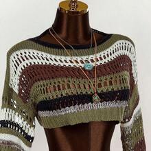 Striped Pattern Drop Shoulder Crop Sweater,Long Sleeve Tops - Multicolor - Ver 6