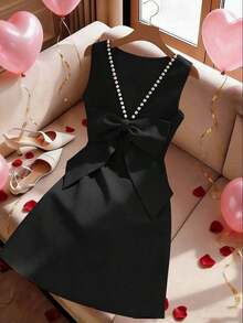 Vestido sin mangas con lazo decorativo con cuentas y espalda descubierta para mujer en color rojo - Negro - Ver 7