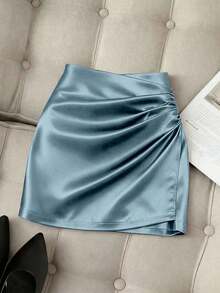 Falda ajustado plisada de cintura alta con dobladillo asimétrico brillante y elegante para mujer, primavera/verano - Azul - Ver 7