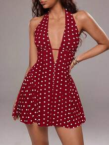 Vestido corto de verano con escote halter y espalda descubierta, con estampado de lunares sexy para mujer - Burdeos - Ver 6