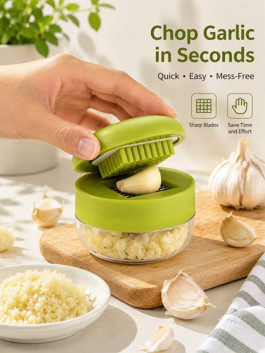 1/2 piezas Picador de ajo portátil, prensa de ajo rápida con cuchillas afiladas y función de almacenamiento, apto para lavavajillas, esencial para camping, barbacoa, viajes de verano, caravana/picnic, herramienta multiusos compacta para ajo, jengibre, chile, hierbas en cocina doméstica/al aire libre