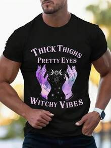 Cotton Unisex Thick Thighs Pretty Eyes Witchy Vibes Mystical Halloween T-Shirt, Versatile For Everyday Wear, Summer Women's Short Sleeve, High Quality - 黑色 - 查看 8