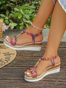 1 đôi sandal đế xuồng phong cách Bohemian mùa hè dành cho thanh thiếu niên, quai đan hoa nhiều màu sắc với trang trí đá lấp lánh, giày casual thời trang. - Đỏ - Xem 3